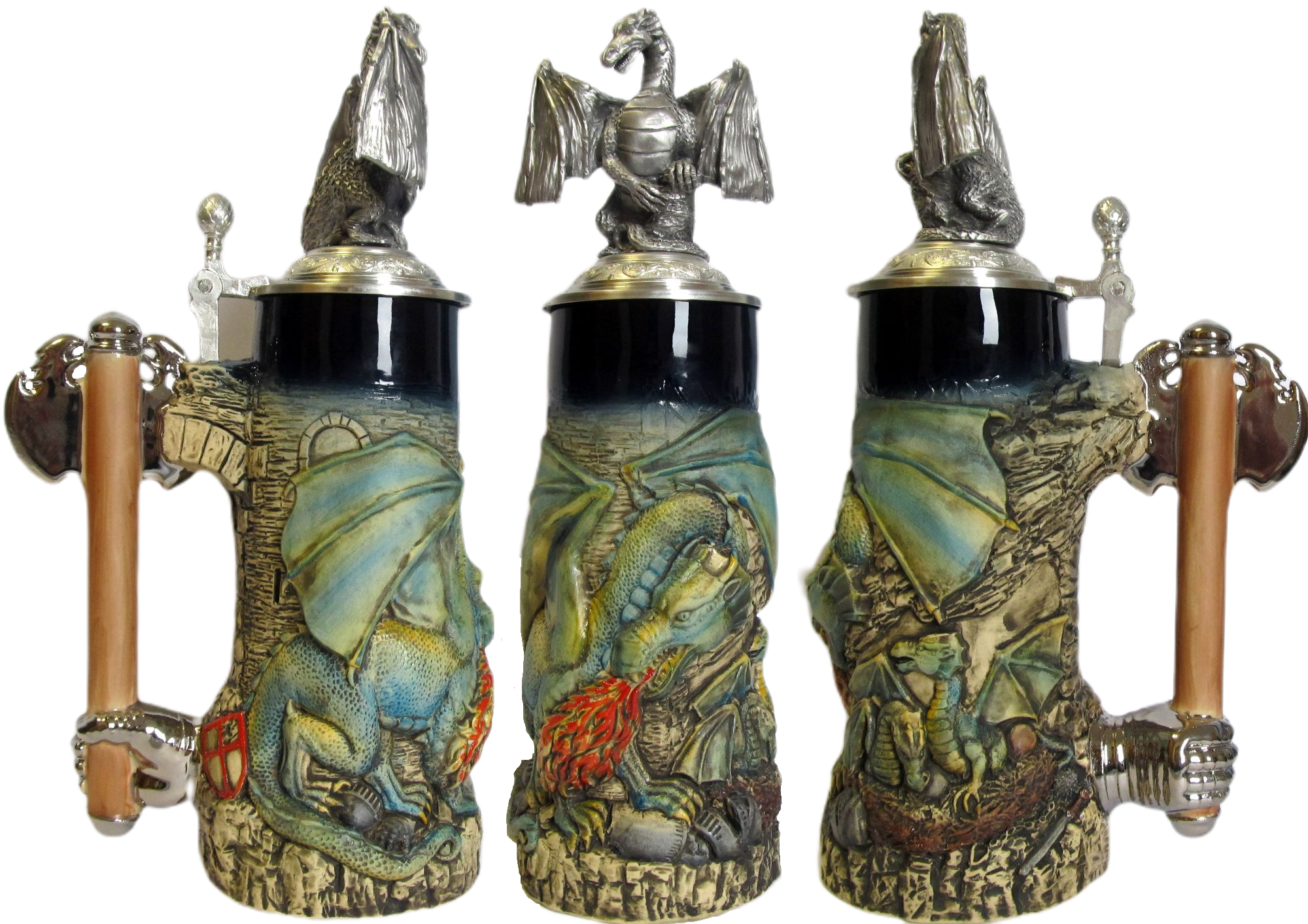 Drachenkrug 0,75L, kobalt, bemalt, Drachen-Zinndeckel, Thewalt 1893 – Bild 5