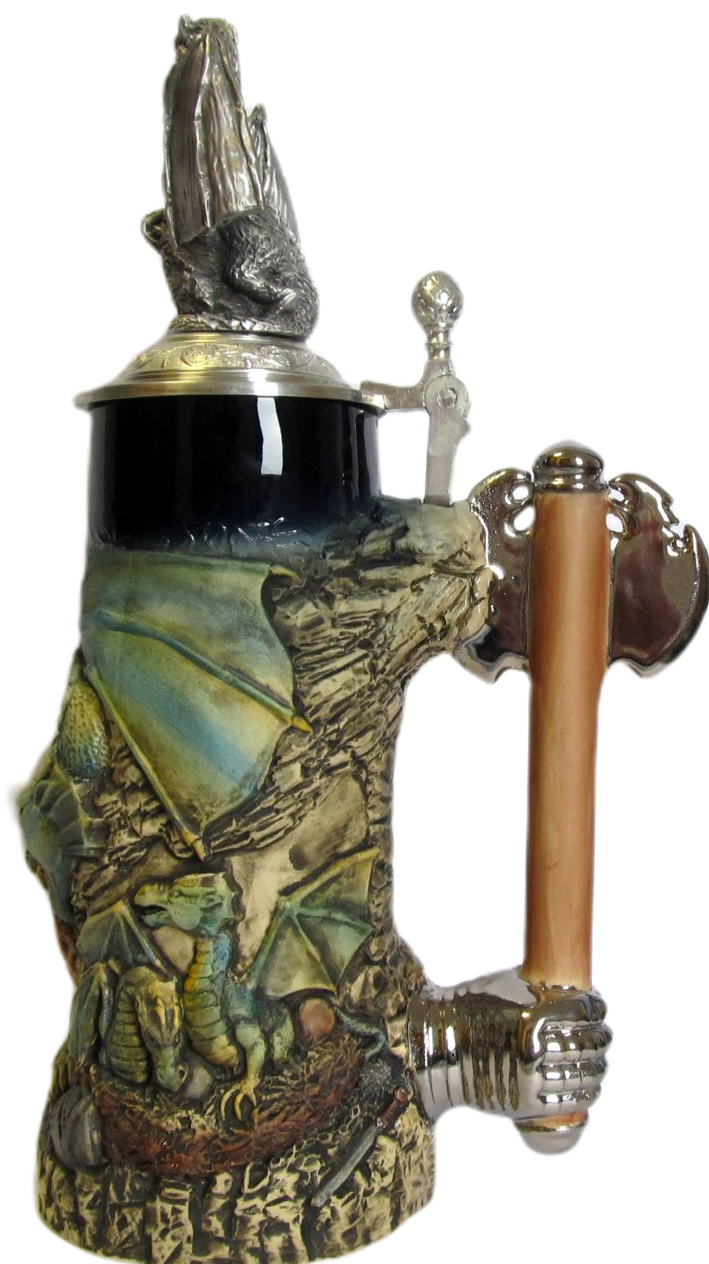 Drachenkrug 0,75L, kobalt, bemalt, Drachen-Zinndeckel, Thewalt 1893 – Bild 4