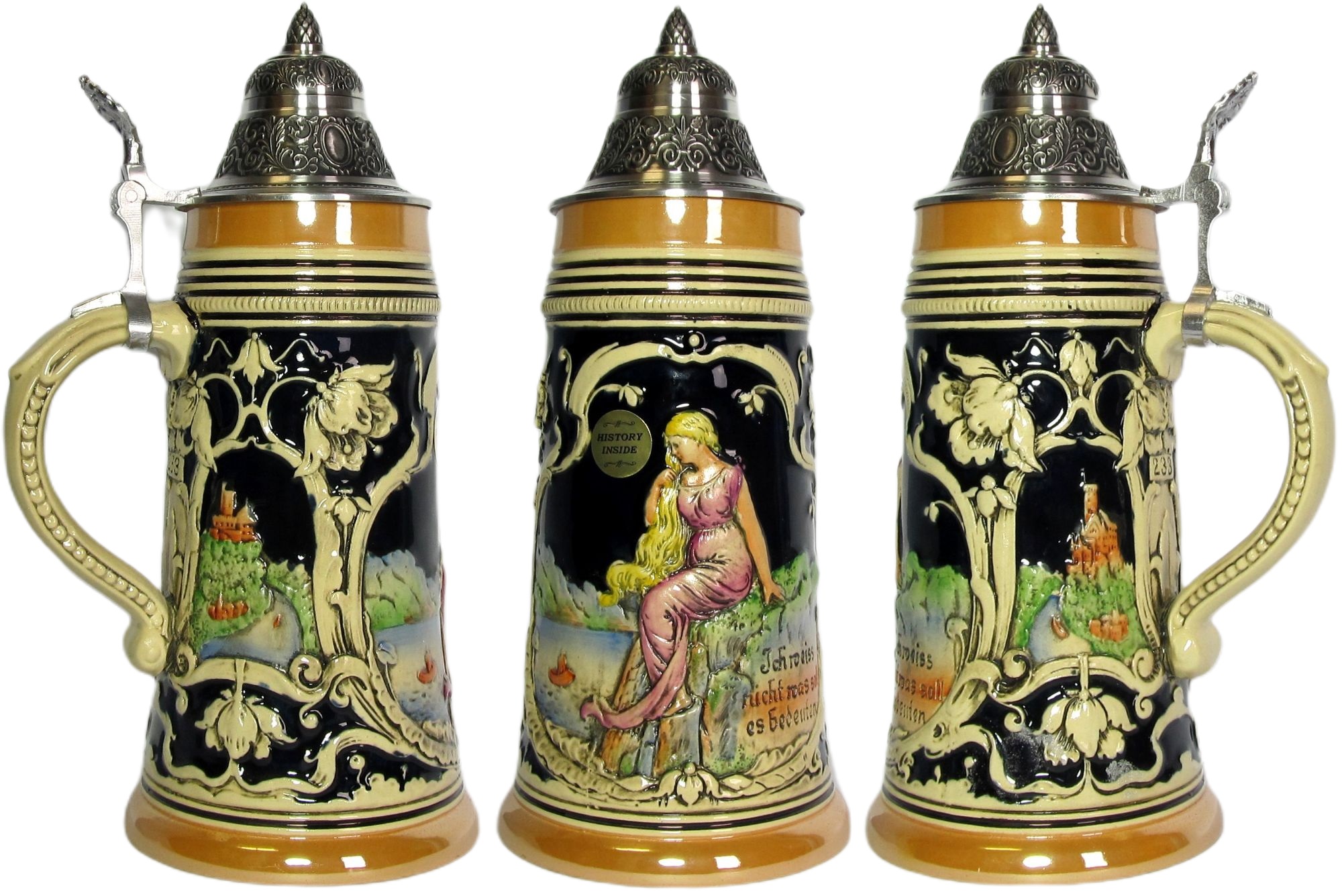Loreley Krug 1/ Ltr., kob. bemalt mit Zinndeckel Thewalt 1893 – Bild 5
