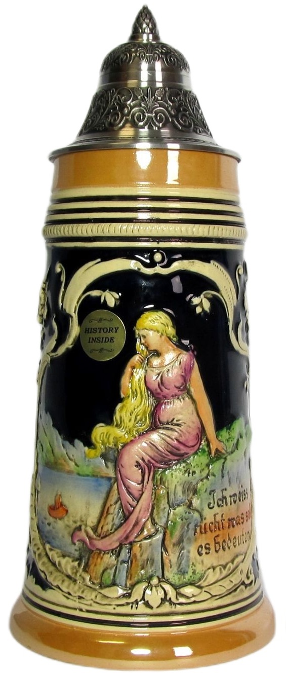 Loreley Krug 1/ Ltr., kob. bemalt mit Zinndeckel Thewalt 1893