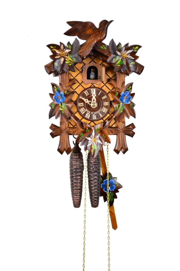 Kuckucksuhr 5-Laub, Vogel, Edelweiss, Enzian