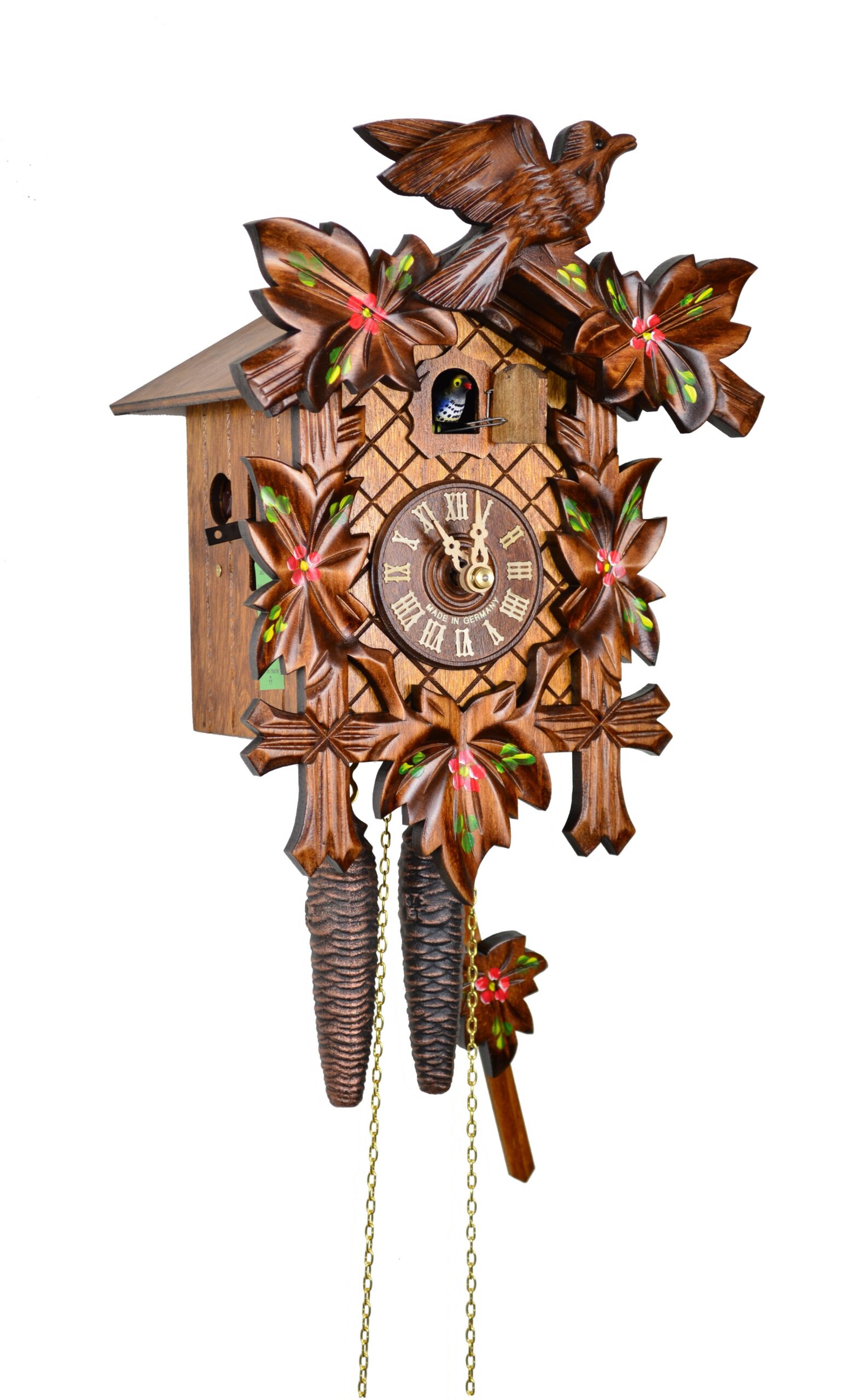 Kuckucksuhr 5 Laub, 1 Vogel, kleine Blume – Bild 3