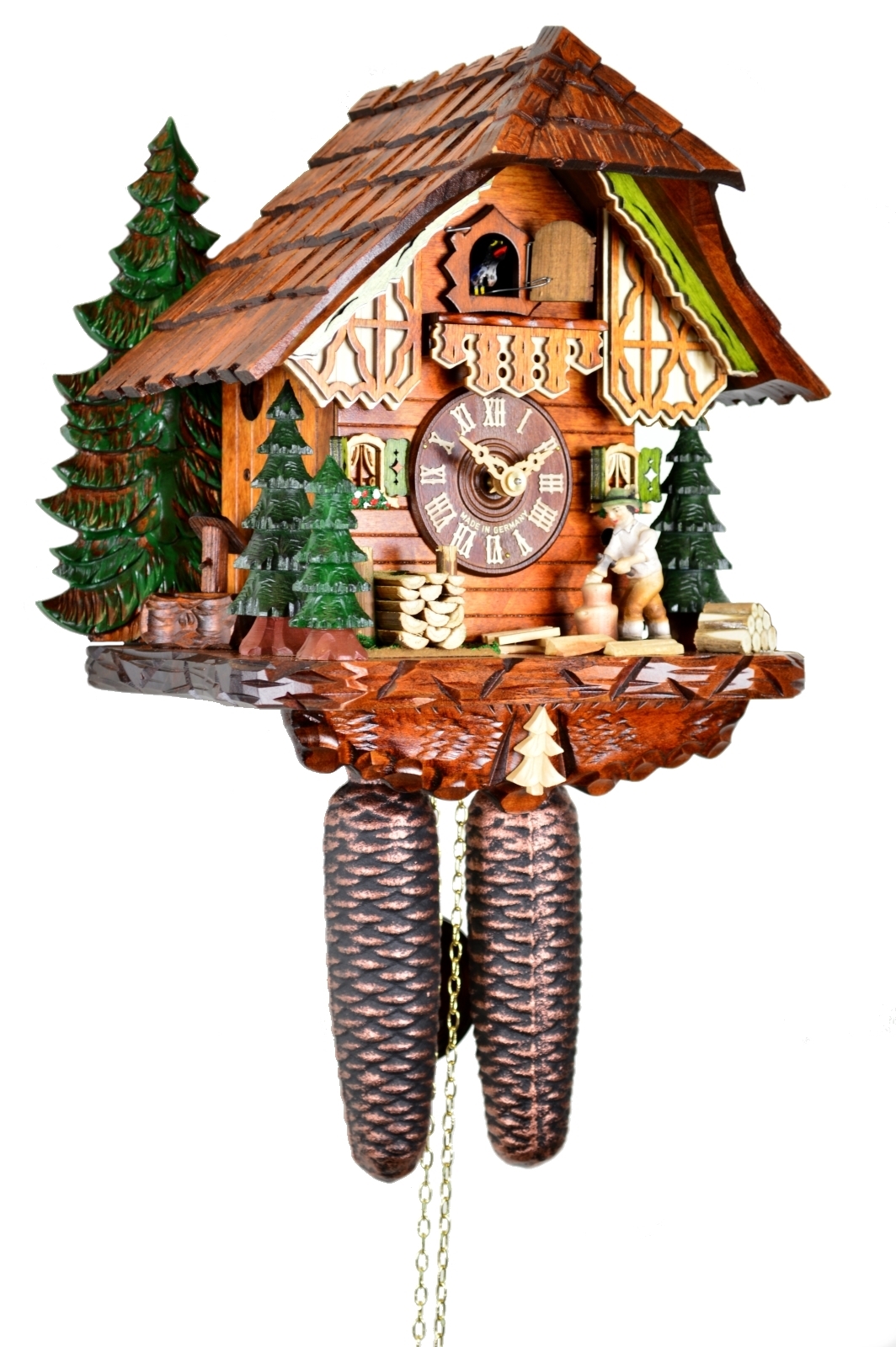 Kuckucksuhr Chalet Weihnachtsbäume, Holzhacker – Bild 4