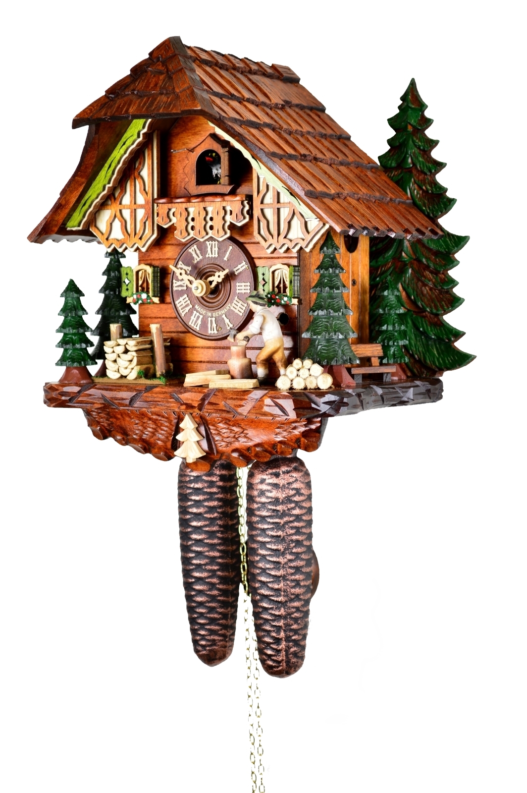 Kuckucksuhr Chalet Weihnachtsbäume, Holzhacker – Bild 3