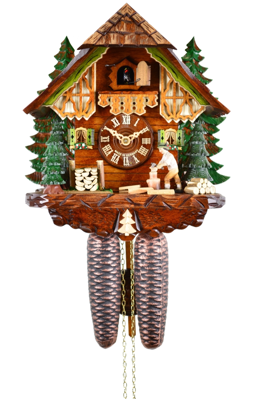 Kuckucksuhr Chalet Weihnachtsbäume, Holzhacker