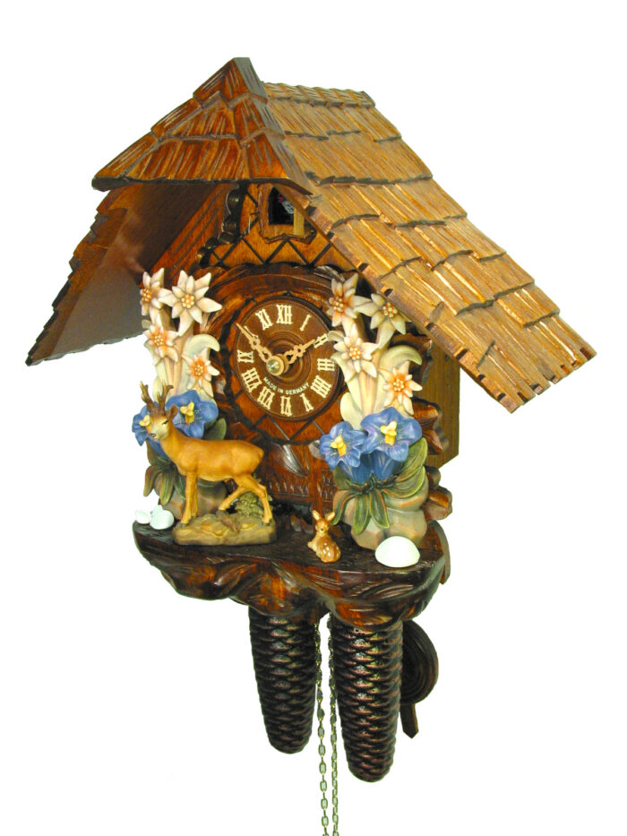 Kuckucksuhr Chalet: Edelweiss und Rehe im Wald – Bild 3