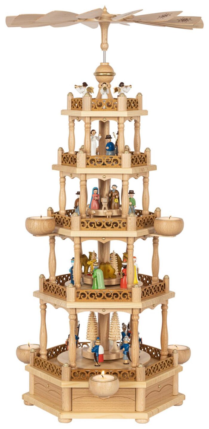 Richard Glaesser Pyramide Christi Geburt mit bunten Figuren, 4-stöckig für Teelichte aus Seiffen im Erzgebirge