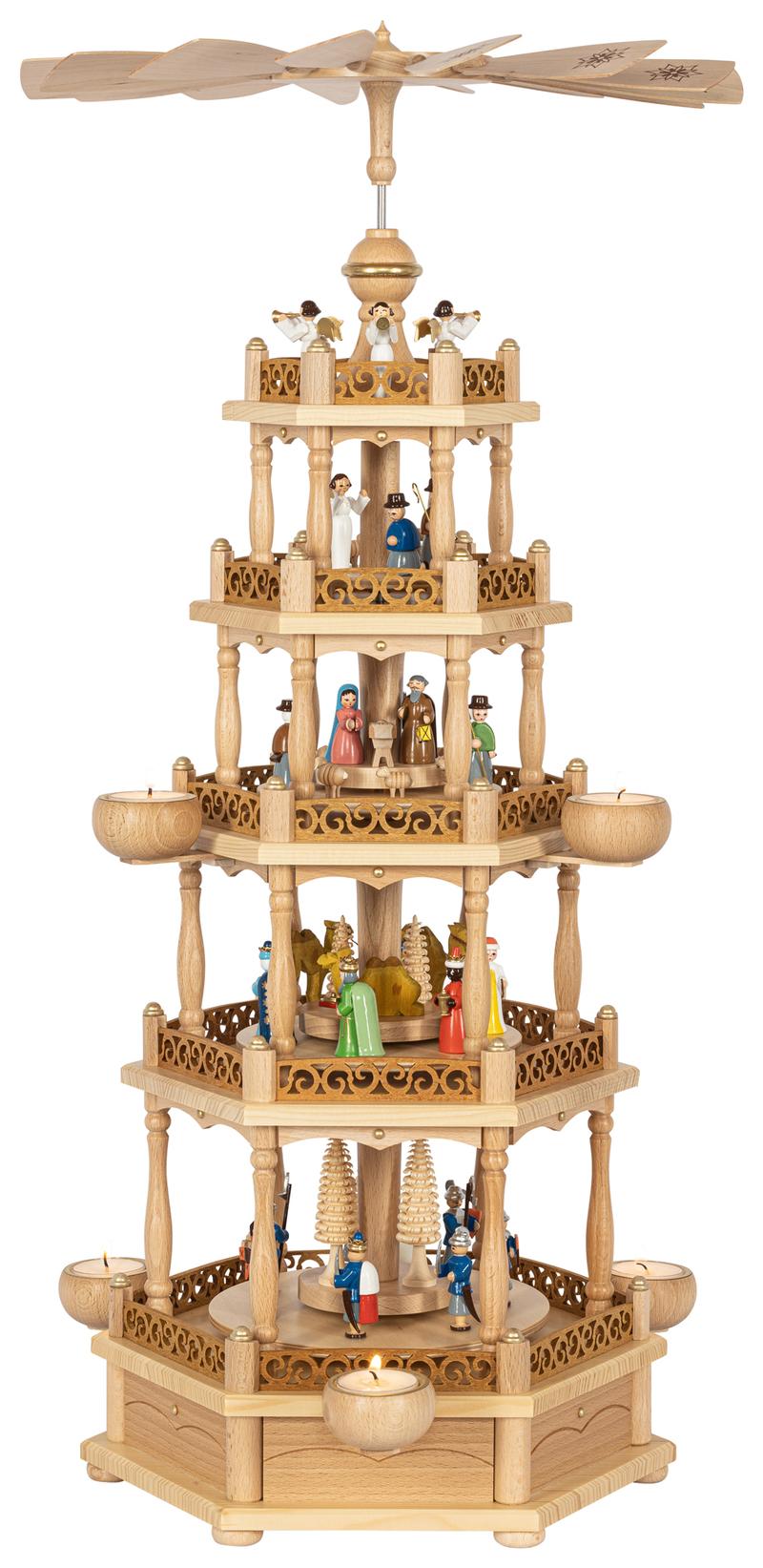 Richard Glaesser Pyramide Christi Geburt mit bunten Figuren, 4-stöckig für Teelichte aus Seiffen im Erzgebirge
