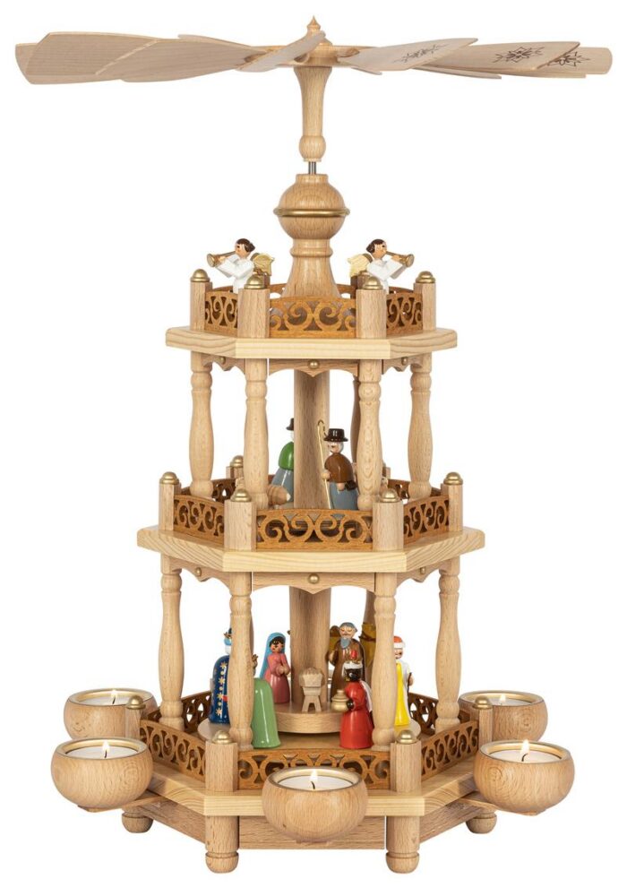 Richard Glaesser Pyramide Christi Geburt mit bunten Figuren, 2-stöckig für Teelichte aus Seiffen im Erzgebirge