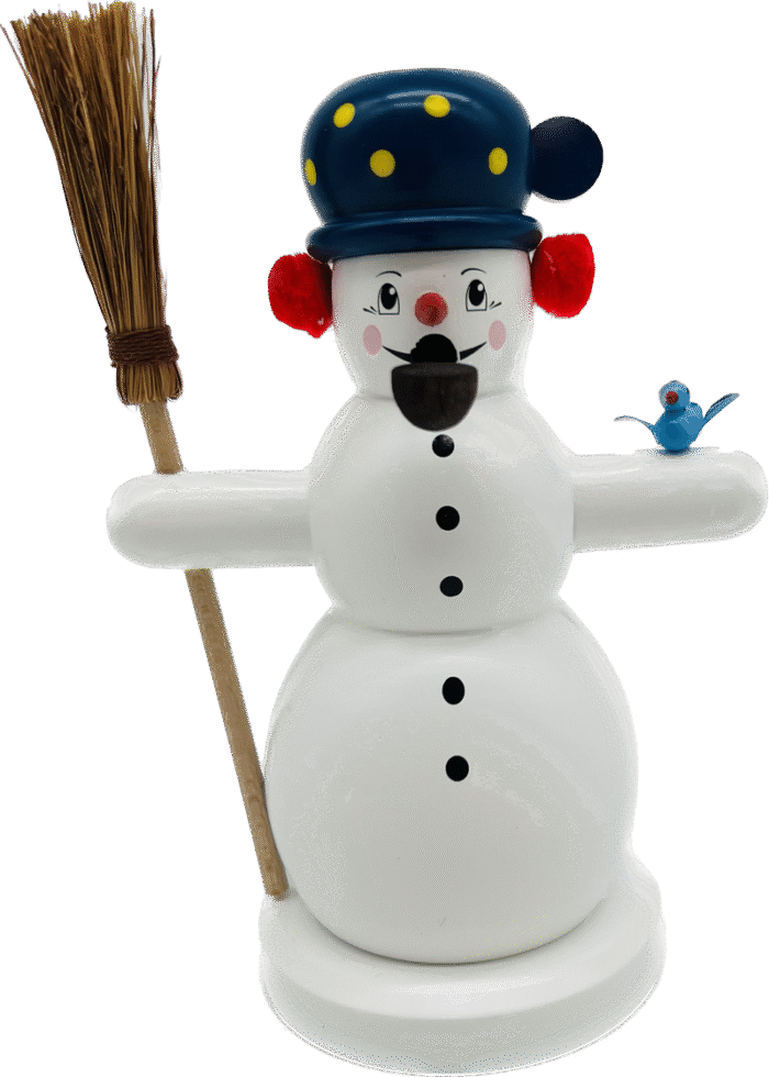 Richard Glaesser Rauchmann Schneemann mit Besen und Vogel aus Seiffen im Erzgebirge