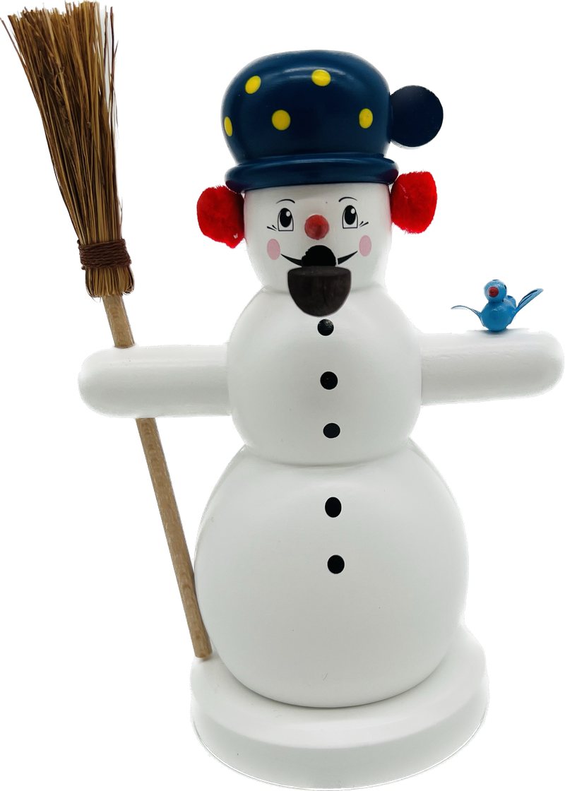 Richard Glaesser Rauchmann Schneemann mit Besen und Vogel aus Seiffen im Erzgebirge
