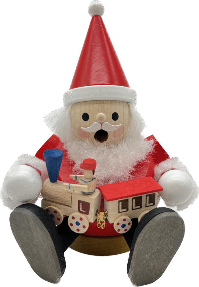 Richard Glaesser Rauchmann Santa mit Eisenbahn sitzend aus Seiffen im Erzgebirge