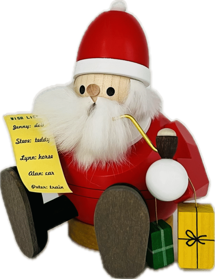 Richard Glaesser Rauchmann Santa mit Wunschzettel sitzend aus Seiffen im Erzgebirge