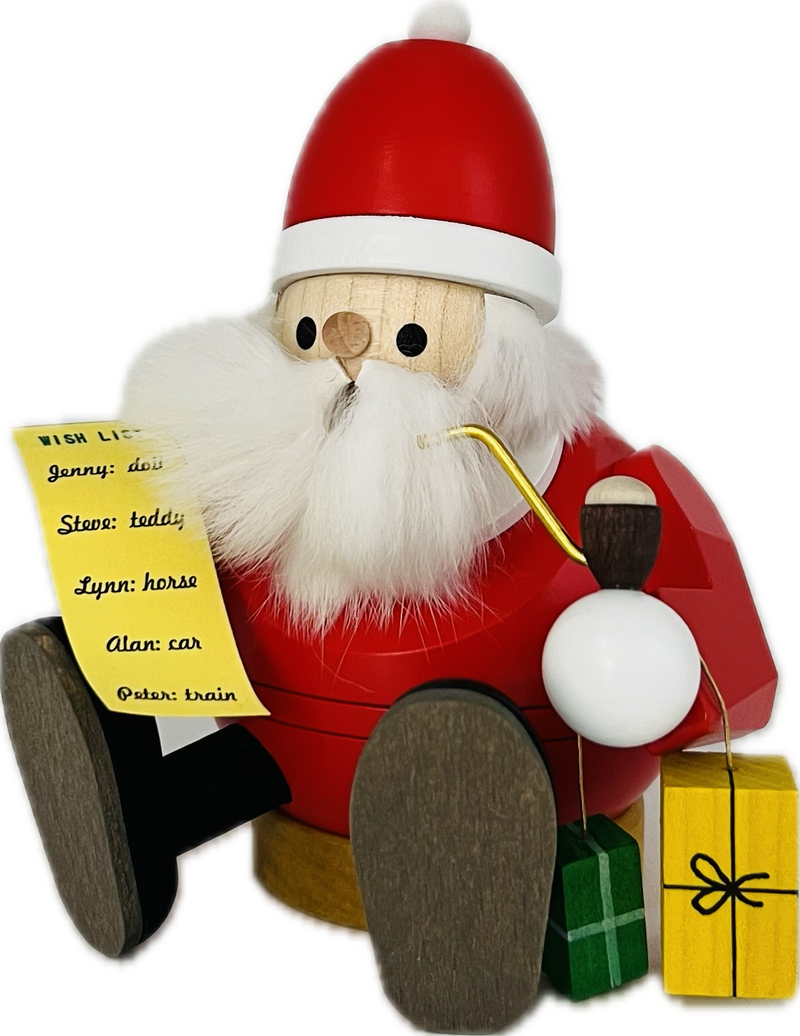 Richard Glaesser Rauchmann Santa mit Wunschzettel sitzend aus Seiffen im Erzgebirge