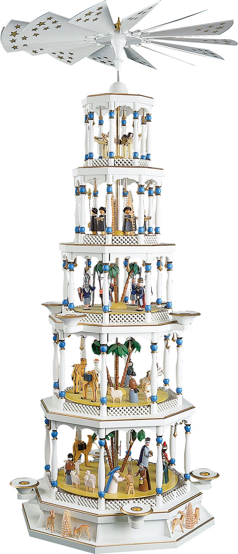 Richard Glaesser Pyramide Christi Geburt weiß 5-stöckig mit 22-stimmigem Spielwerk "Stille Nacht" aus Seiffen im Erzgebirge
