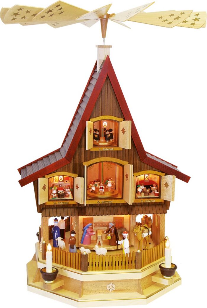 Richard Glaesser Pyramide Adventshaus bunt mit Heiliger Familie, elektrisch beleuchet und betrieben, aus Seiffen im Erzgebirge