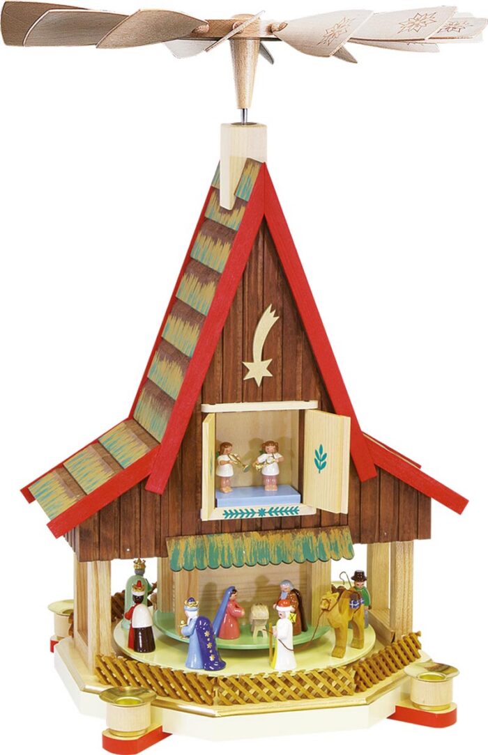 Richard Glaesser Pyramide Adventshaus Christi Geburt bunt aus Seiffen im Erzgebirge