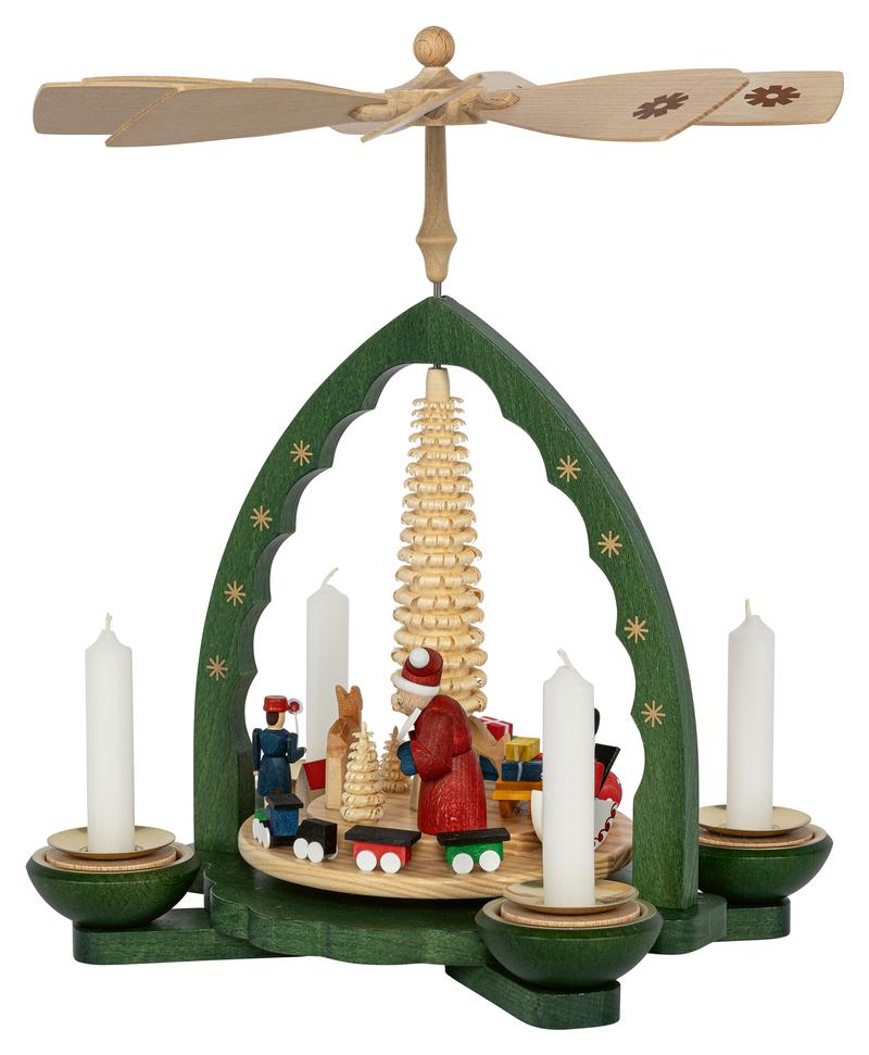 Richard Glaesser Pyramide Weihnachtsbescherung grün für Teelicht und Kerzen aus Seiffen im Erzgebirge – Bild 4
