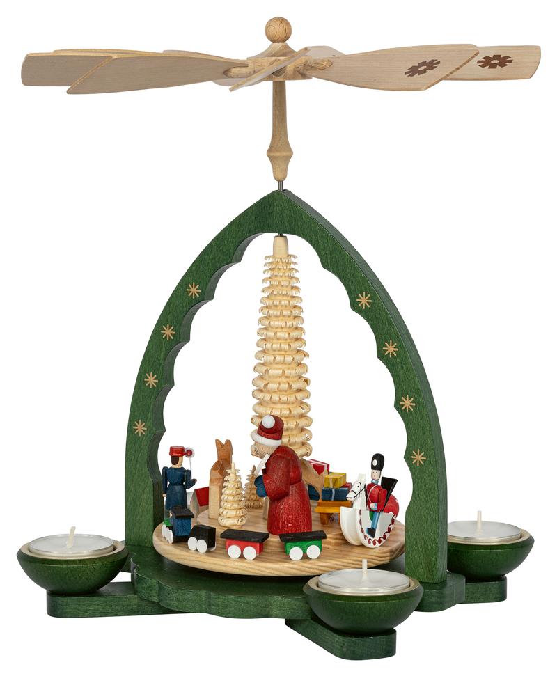 Richard Glaesser Pyramide Weihnachtsbescherung grün für Teelicht und Kerzen aus Seiffen im Erzgebirge – Bild 3
