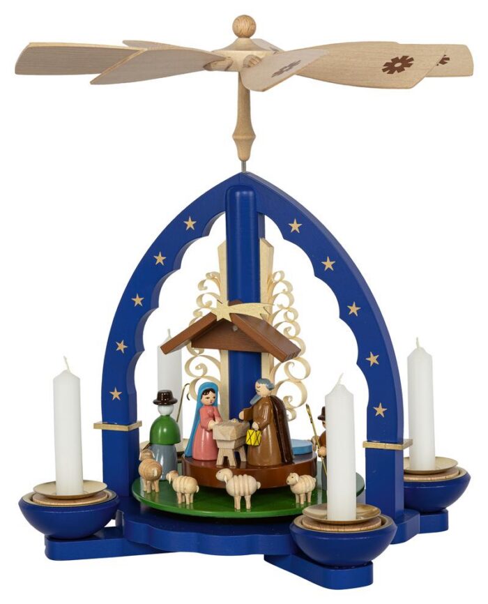 Richard Glaesser Pyramide Heilige Familie blau für Teelicht und Kerzen aus Seiffen im Erzgebirge – Bild 4