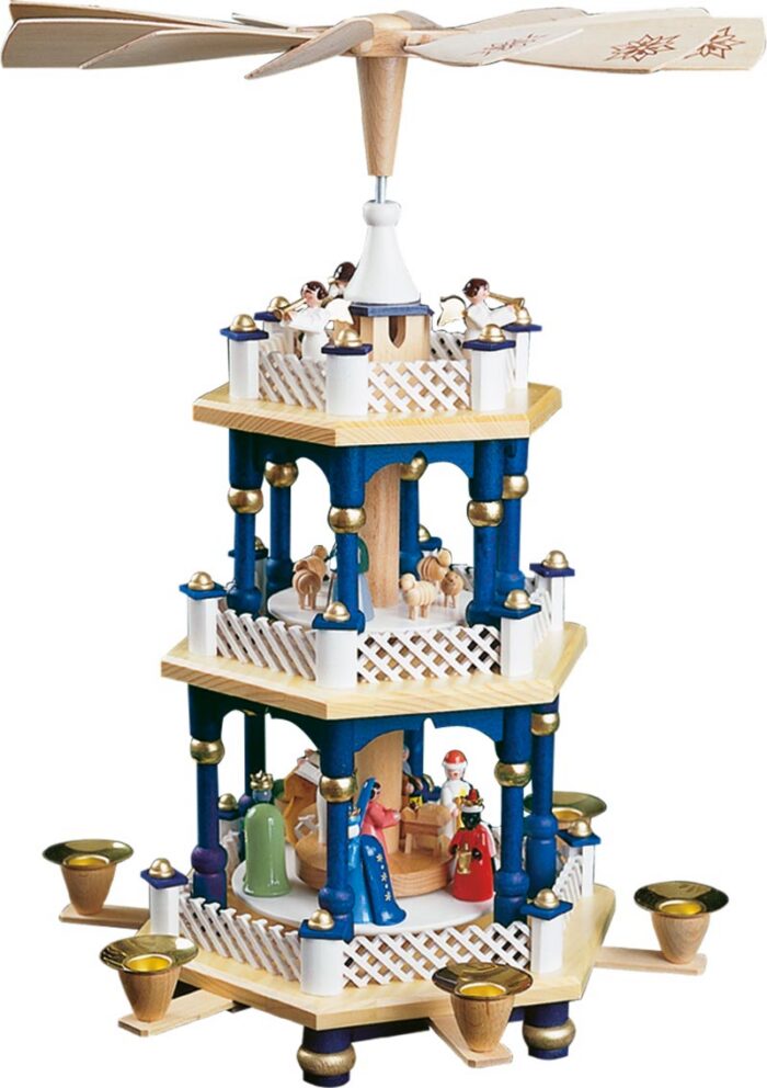 Richard Glaesser Pyramide Heilige Familie blau 2-stöckig aus Seiffen im Erzgebirge