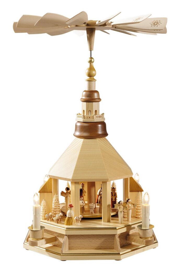Richard Glaesser Pyramide Seiffener Kirche mit Christi Geburt natur, elektrisch beleuchtet und betrieben, aus Seiffen im Erzgebirge