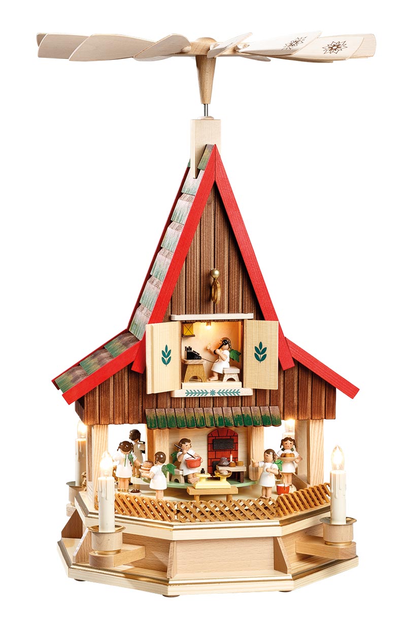 Richard Glaesser Pyramide Adventshaus Engelbäckerei bunt, elektrisch beleuchet und betrieben, aus Seiffen im Erzgebirge