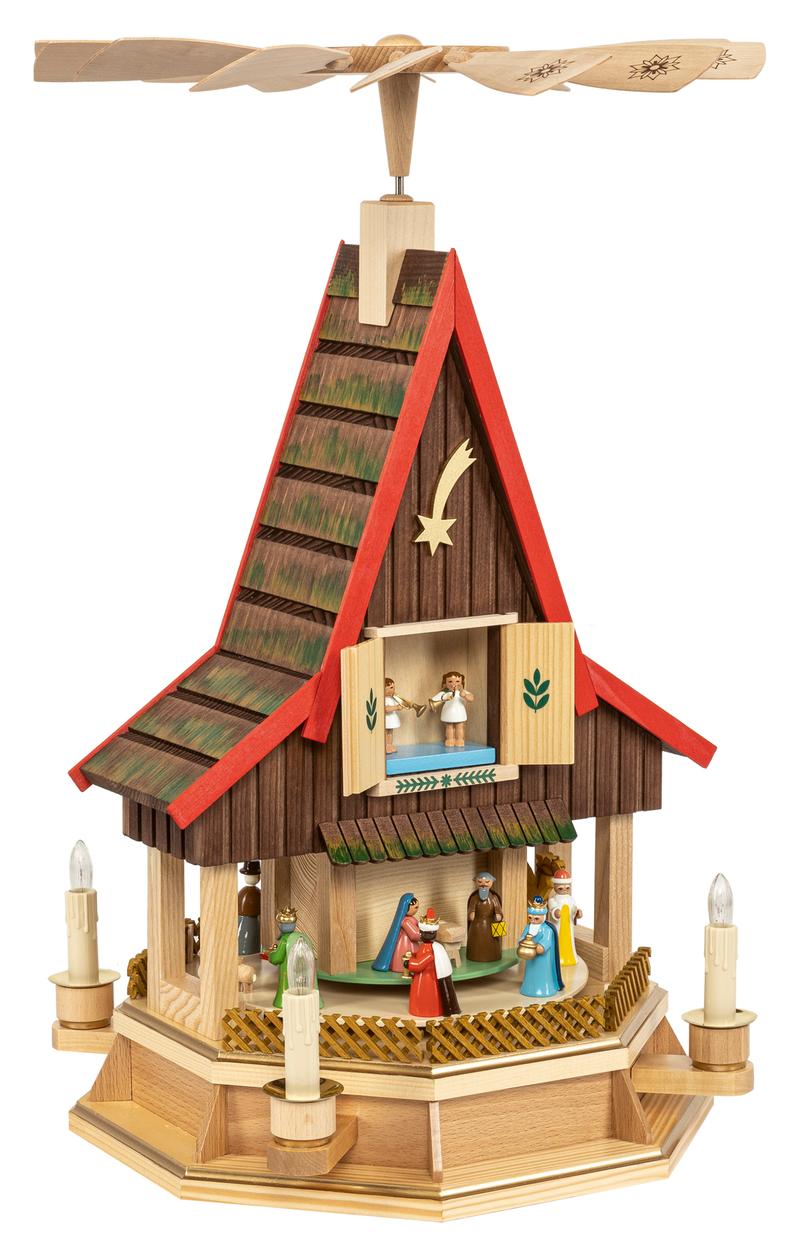 Richard Glaesser Pyramide Adventshaus Christi Geburt bunt, elektrisch beleuchet und betrieben, aus Seiffen im Erzgebirge