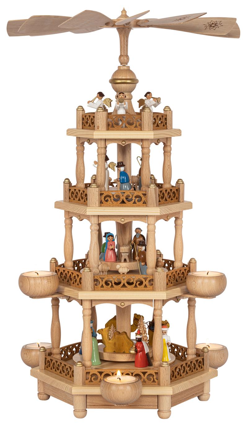 Richard Glaesser Pyramide Christi Geburt mit bunten Figuren, 3-stöckig für Teelichte aus Seiffen im Erzgebirge