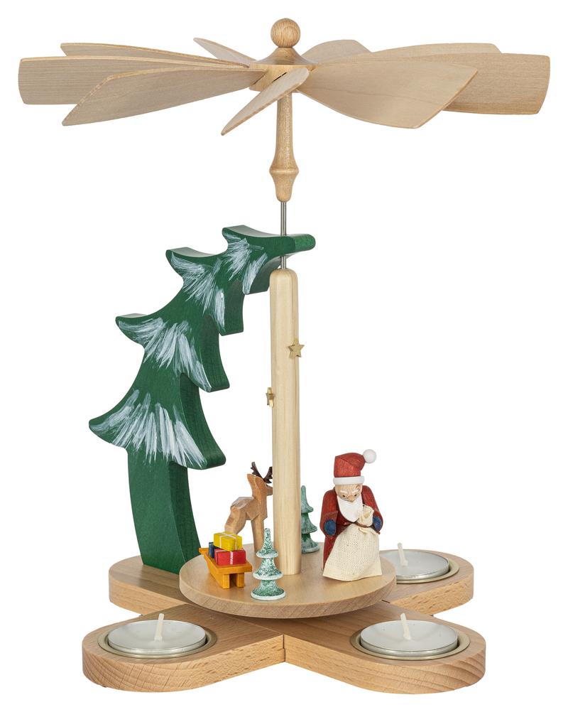 Richard Glaesser Tannenpyramide Weihnachtsmann mit Rentier für Teelichte aus Seiffen im Erzgebirge