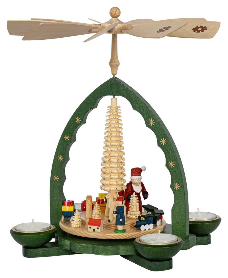 Richard Glaesser Pyramide Weihnachtsbescherung grün für Teelicht und Kerzen aus Seiffen im Erzgebirge